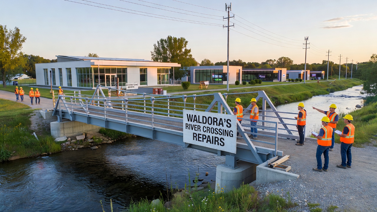Construction teams working on outlying clinic foundations near the river crossing corridor