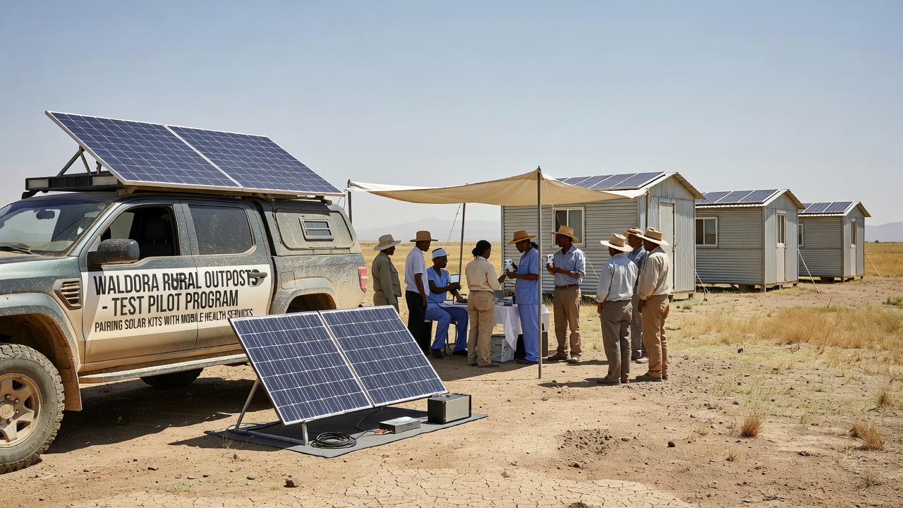 Technicians installing solar panels next to a mobile clinic vehicle at a Waldora rural outpost